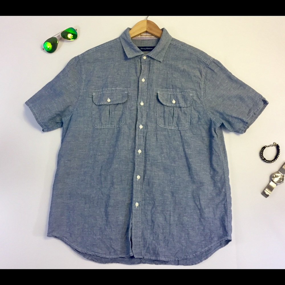 Tommy Bahama Mens L Denim Blue Linen Button Up